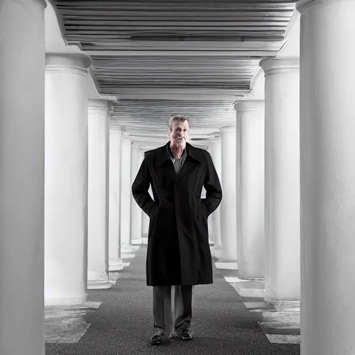 Image similar to robert stack wearing a trench coat unsolved mysteries spilled a drink in his lap, ( sony a 7 r iv, symmetric balance, polarizing filter, photolab, lightroom, 4 k, dolby vision, photography awardm, voque, perfect face )
