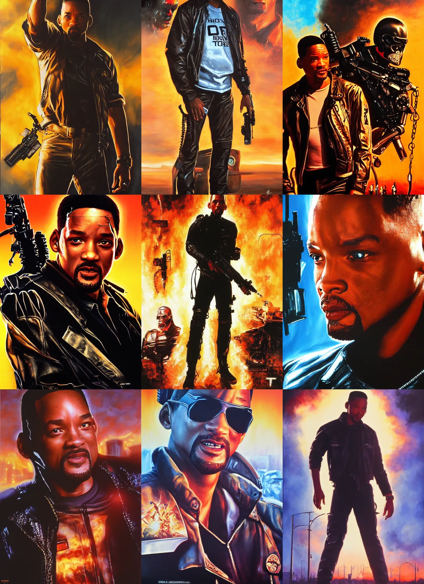 Prompt: will smith as the t 1 in terminator, golden hour, movie poster, detailed clothing, art station, oil painting