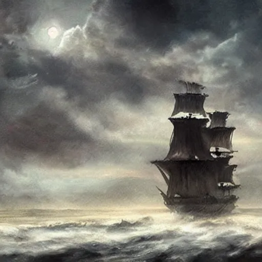 Image similar to large lonely old pirate ship drifting amongst the clouds and fog with heavy dark storm beautiful Concept art