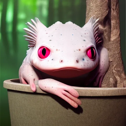 Prompt: cute round face axolotl sitting in a bucket with a forest background, award winning art, trending on artstation, digital art, painting, matte painting, hyper realistic, realism, photography, unreal engine 5, video game