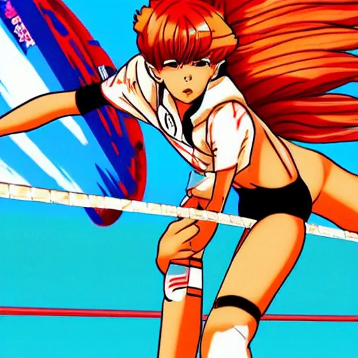 Image similar to top gun maverick playing volleyball against asuka langley, sprite, vaporwave nostalgia, directed by beat takeshi, visual novel cg, 8 0 s anime vibe, kimagure orange road, maison ikkoku, sketch by osamu tezuka, directed by makoto shinkai and beat takeshi