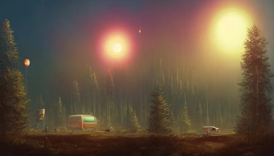 Image similar to space antenna in the foreground, sun in the sky, early morning, forest in the background, simon stalenhag