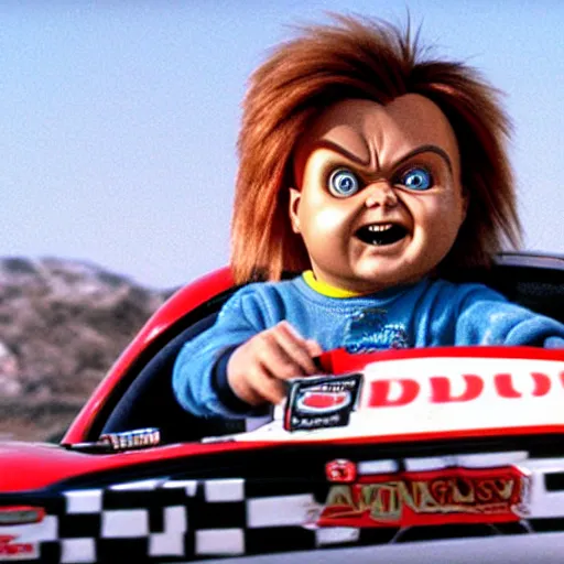 Image similar to chucky driving a race car, movie still