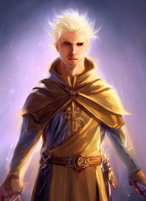 Prompt: male priest blonde parted hair healer, dndbeyond, bright, colourful, realistic, dnd character portrait, full body, pathfinder, pinterest, art by ralph horsley, dnd, rpg, lotr game design fanart by concept art, behance hd, artstation, deviantart, global illumination radiating a glowing aura global illumination ray tracing hdr render in unreal engine 5