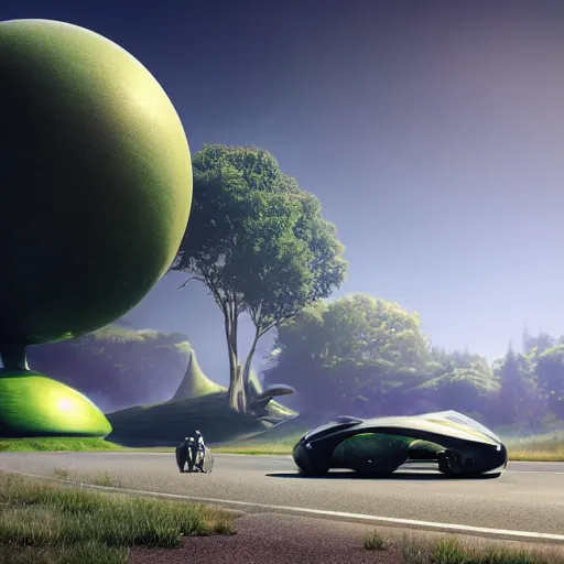 Image similar to a spherical car driving down the road with a tyrannosaurus rex and humans dancing in the background, smoky, green hills, many interstellar plants, futuristic concept design, airy landscape, high detail rendering by octane, unreal engine, 8 k, cinematic grade.