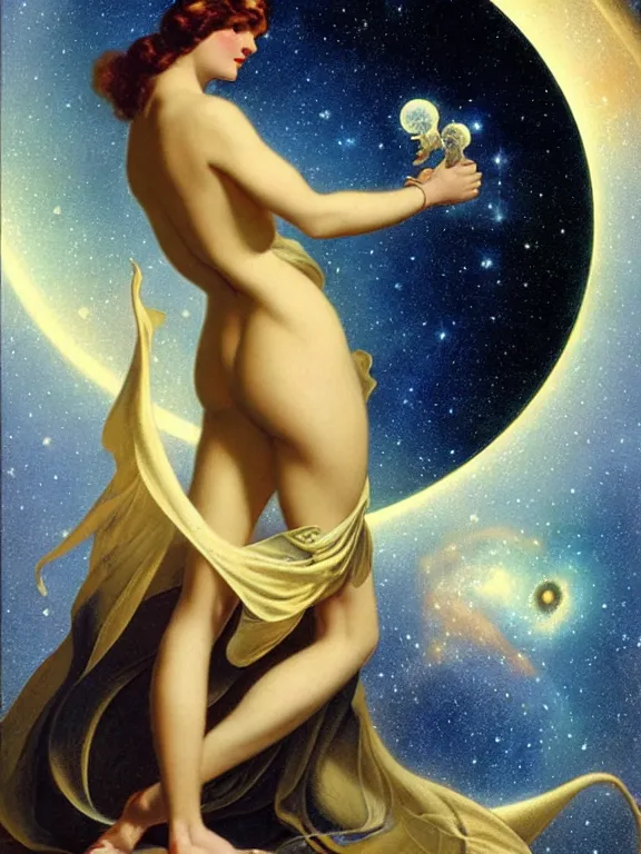 Image similar to Morpheus the god of dreams, a beautiful art nouveau portrait by Gil elvgren, colliding galaxy environment, centered composition, defined features, golden ratio, silver helmet