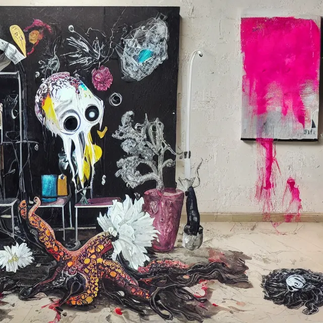 Image similar to empty room with black walls, a portrait of a female pathologist, an octopus, wilted flowers, squashed berries, neo - expressionism, surrealism, acrylic and spray paint and oilstick on canvas