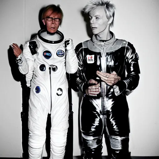 Image similar to Andy Warhol wearing a spacesuit talking to David Bowie at a party. Candid photo, flash, 1966, 35mm, by Andy Warhol.