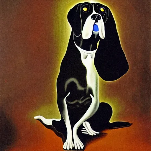 Image similar to a surrealist portrait of black pugalier dog wearing suit and tie, surreal background, by salvador dali