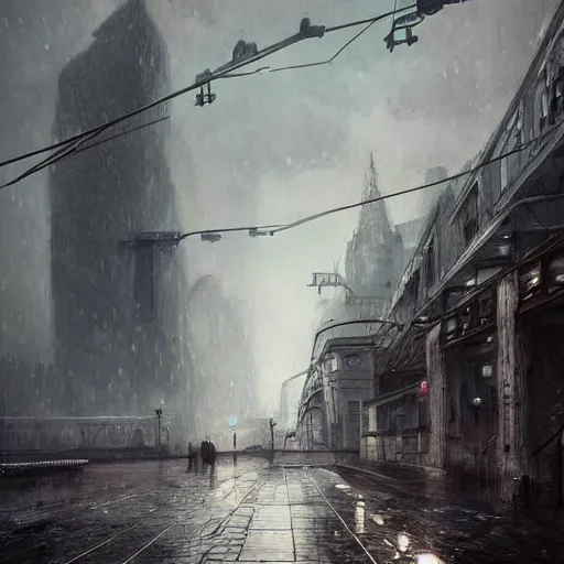 Image similar to a highly detailed epic cinematic concept art CG render digital painting artwork: rain melts concrete socialist monument. Soviet, gloomy, dystopian, night. By Greg Rutkowski, Ilya Kuvshinov, WLOP, Stanley Artgerm Lau, Ruan Jia and Fenghua Zhong, trending on ArtStation, made in Maya, Blender and Photoshop, octane render, excellent composition, cinematic atmosphere, dynamic dramatic cinematic lighting, aesthetic, very inspirational, arthouse