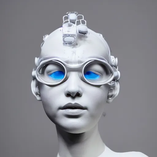Image similar to full head and shoulders, beautiful female porcelain sculpture with all white 3 d cyborg elements, white prosthetic eyes, 3 d goggles, smooth, all white features on a white background, delicate facial features, white eyes, white lashes, detailed white liquid, cyberpunk, anatomical by daniel arsham and james jean