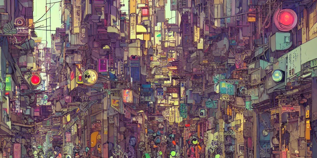 Prompt: a cyberpunk hong kong alley with robots and humans walking around by moebius, takashi murakami color palette, clear details