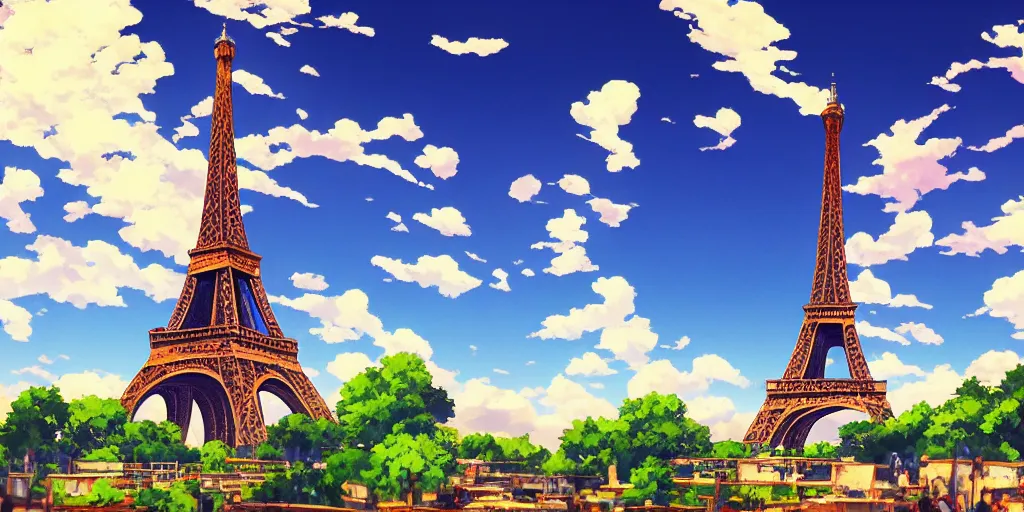 Prompt: a view on eiffel tower with amazing clouds and blue sky, in the style of makoto shinkai anime and studio ghibli anime, colorful, romantic, 4 k resolution,