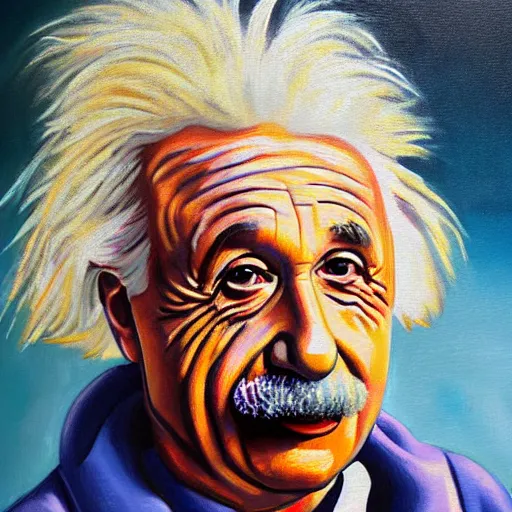 Image similar to einstein wearing a cool hoodie, talking in front of 1 0 0 0 people, detail oil painting