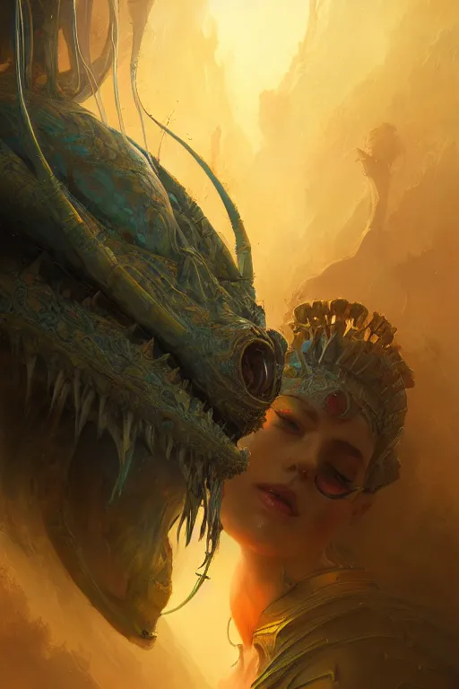 Prompt: attractive alien queen, close - up portrait, intricate, elegant, volumetric lighting, scenery, digital painting, highly detailed, artstation, sharp focus, illustration, concept art, gaston bussiere, ruan jia, steve mccurry