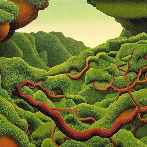 Image similar to painting of a lush natural scene on an alien planet by mc escher. beautiful landscape. weird vegetation. cliffs and water.