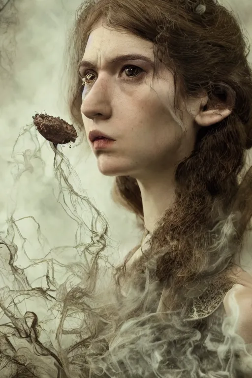 Image similar to 3 5 mm colour, italian looking emma, evil princess, victorian house, long brown hair, hyperrealism, octane render, weird, odd, strange, creepy, extremely detailed, intricate smoke magic, lace, silk, style of david cronenberg, hyung tae, frank frazetta