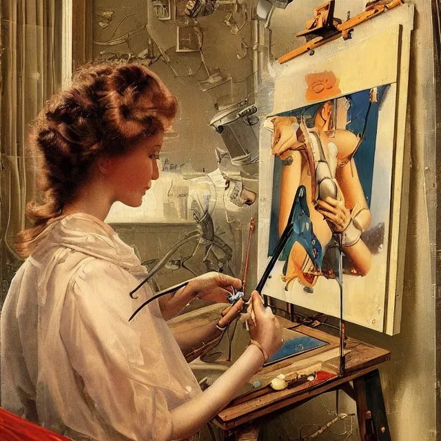 Image similar to robot artist painting a self - portrait on a canvas. intricate, highly detailed, digital matte painting, in the style of alexandros pyromallis, and in the style of hans thoma, and in the style of gil elvgren. irony, recursion, inspiration.