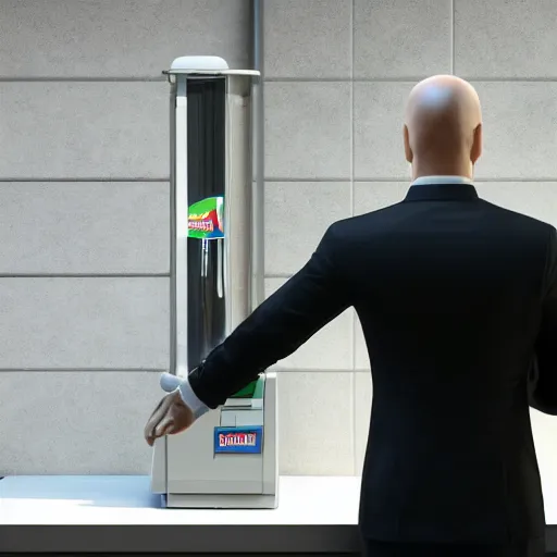 Image similar to hyperrealistic film still of hitman ordering a slurpee at 7 1 1 stunning 3 d render, inspired by istvan sandorfi & greg rutkowski & unreal engine, perfect facial symmetry, dim volumetric cinematic lighting, 8 k octane comprehensive render, extremely hyper - detailed, incredibly lifelike attributes, intricate, real flesh texture, masterpiece, artstation, stunning,