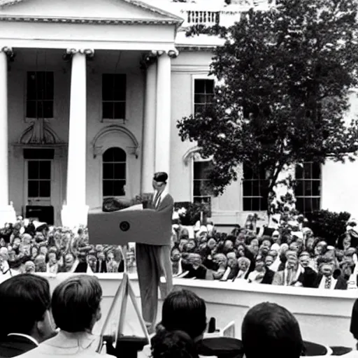 Image similar to claymation press conference ronald reagan unveiling first dinosaur born in united states outside the white house