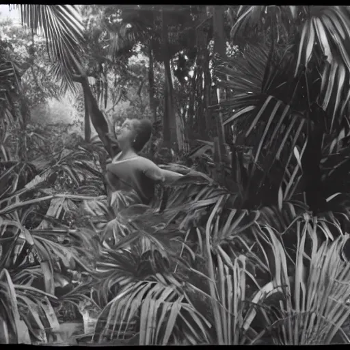 Image similar to a rizom lost film footage of a - - - - 3 d shape - - - - - in the middle of the tropical jungle / tropicalism / tropicalism / tropicalism / film still / cinematic / enhanced / 1 9 2 0 s / black and white / grain