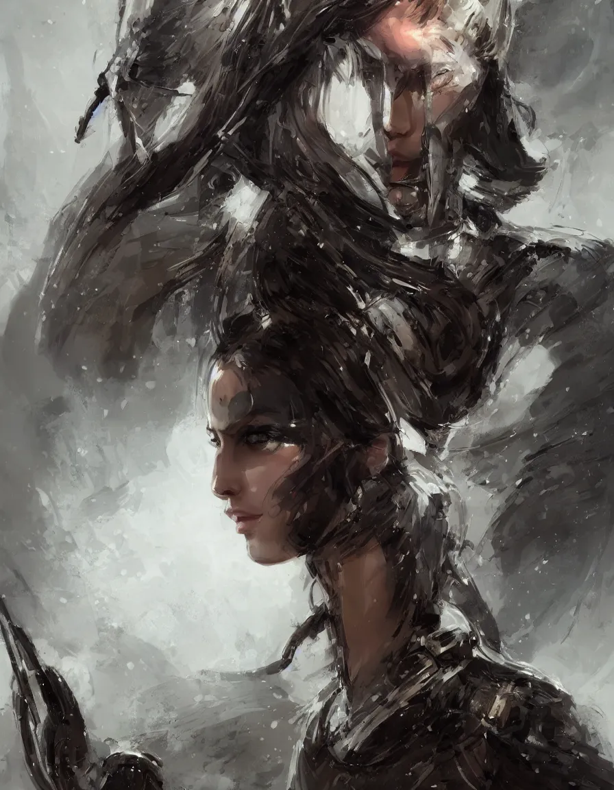 Image similar to a professional portrait of an attractive young female, partially clothed in battle armor, olive skin, long dark hair, beautiful bone structure, symmetrical facial features, intricate, elegant, digital painting, concept art, illustration, sharp focus, from Metal Gear, in the style of Ruan Jia and Mandy Jurgens and GregRutkowski and William-Adolphe Bouguerea