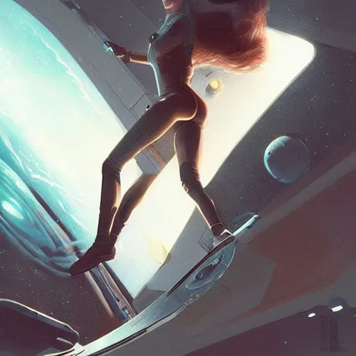 Image similar to a space woman climbing out of a computer screen into a new dimension, illustration, art by artgerm and greg rutkowski,