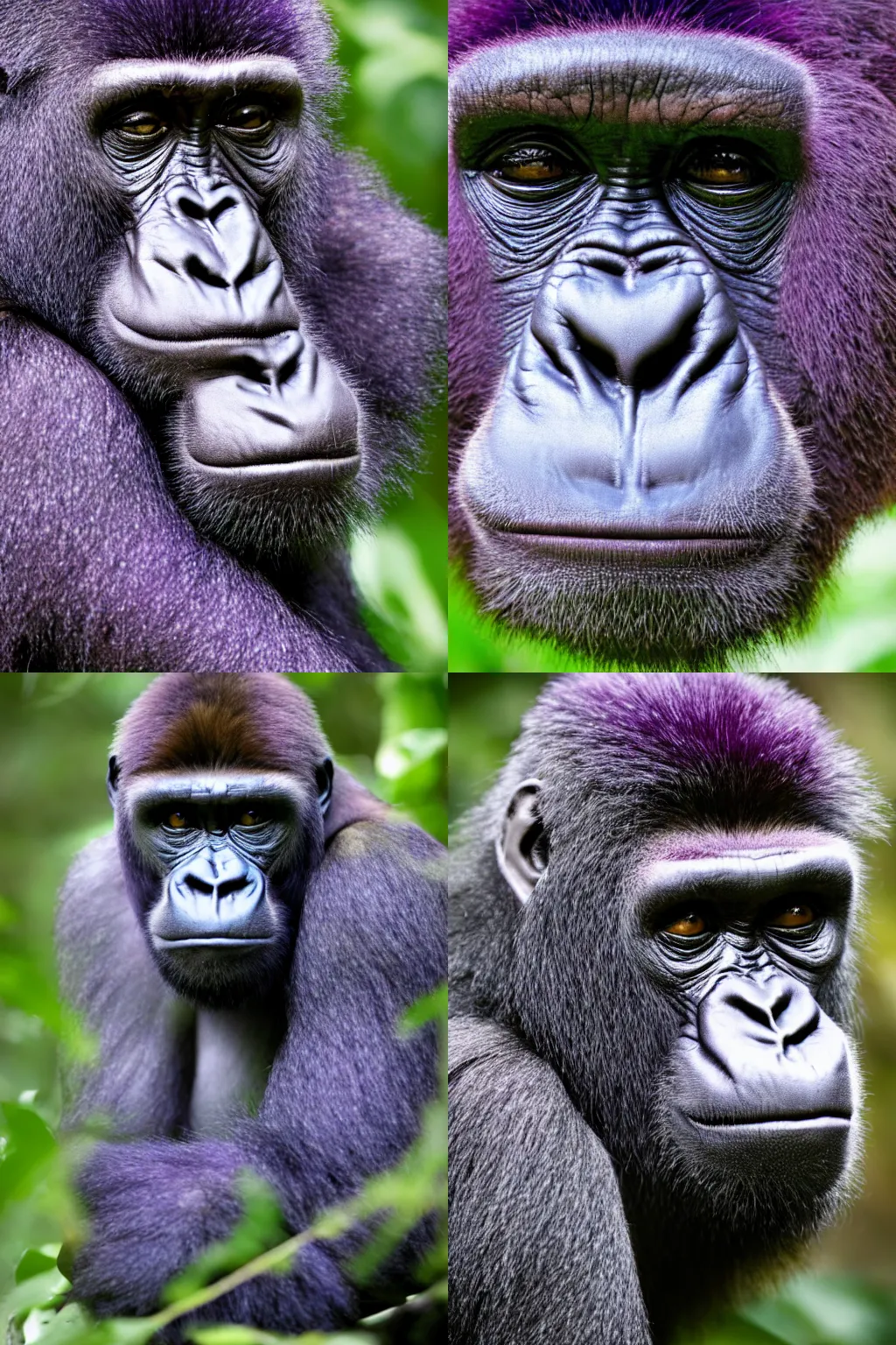 Prompt: photo of a gorgeous male purple gorilla resting on the forest, award winning photograph for national geographic, closeup of face