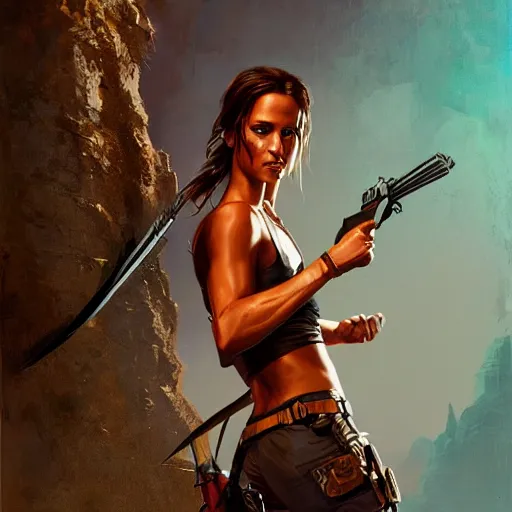 Prompt: Alicia Vikander as Lara Croft (tomb raider, 1996), full body portrait by Karol Bak, Syd Mead and Raphael Lacoste, rich colors, neon digital art