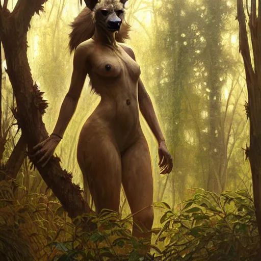 Prompt: photo of a humanoid hyena were a dress in the forest, highly detailed, digital painting, artstation, smooth, sharp focus, illustration, art by artgerm and greg rutkowski and alphonse mucha