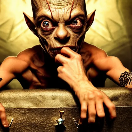 Prompt: gollum couching in a dungeon proudly wearing gold and jewelry and bling, hip hop style, tattoos, lotr, imax, foggy atmosphere, bokeh, professional studio shot, stylized photo, single image