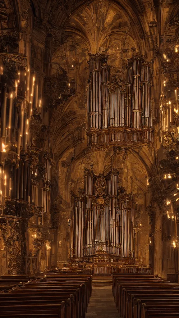 Prompt: a complex ancient pipe organ cathedral interior, 4 k, stone pews, torches, lighting, unreal engine 5 render, natural color scheme, architectural photography, f 3 2, still from movie by guillermo del toro