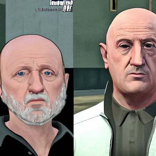 Image similar to Jonathan Banks aka Mike Ehrmantraut from Better Call Saul as a GTA character portrait, Grand Theft Auto, GTA cover art