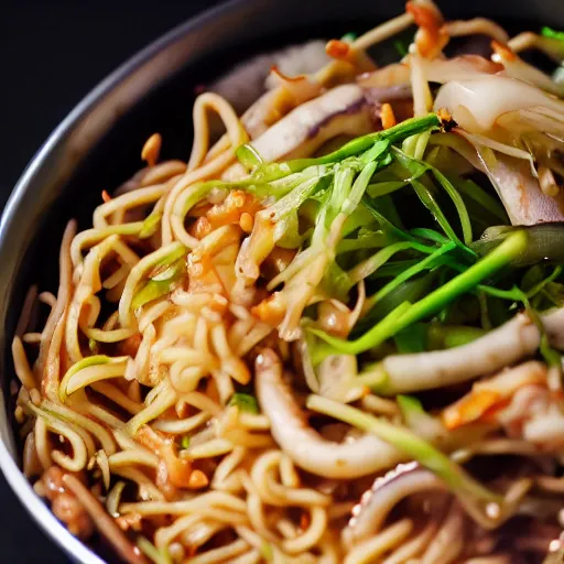 Image similar to a pot full of squid yakisoba inside a chinese restaurant, 4K photo, zoom, award winning, background blur