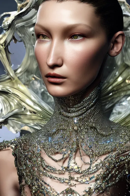 Image similar to a highly detailed 4 k portrait render of a beautiful angel alien goddess bella hadid in iris van herpen dress schiaparelli in diamonds in style of alphonse mucha trending on artstation made in unreal engine 4