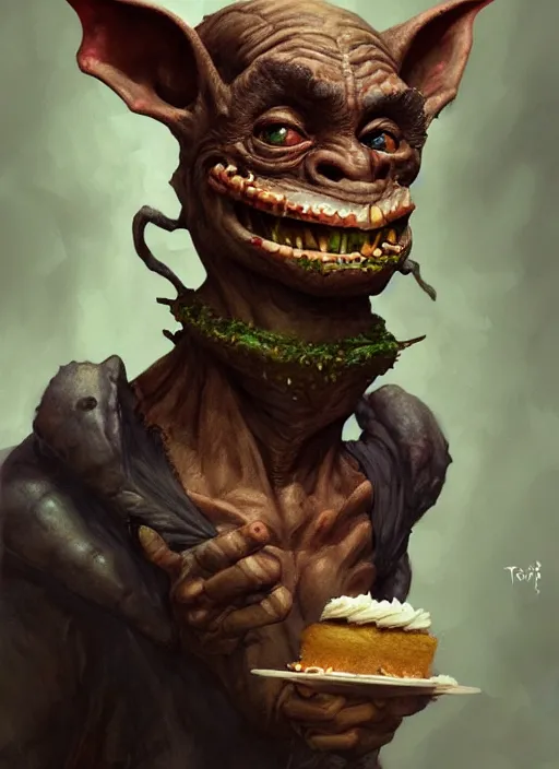 Image similar to portrait of a medieval goblin eating cakes, beautiful face, hyper realistic, highly detailed, digital painting, artstation, illustration, concept art by hyung tae and frank frazetta, digital paint, matte paint, washed colors, dark, gloomy