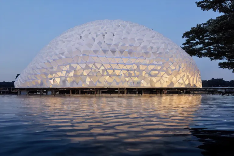 Prompt: it is a building formed by many white spherical egg shaped spaces arranged and combined together. on the calm lake surface, people's perspective modern curved architecture, future, award winning, highly detailed 4 k art, dusk, by kazuyo sejima