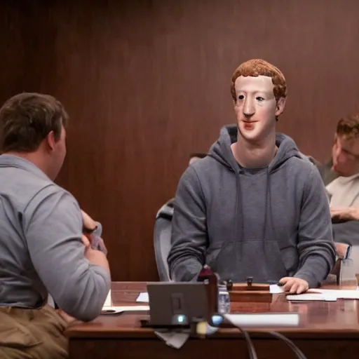 Prompt: animatronic Mark Zuckerberg, exposed mechanics, board meeting photo, Stan Winston studios, detailed, 4k