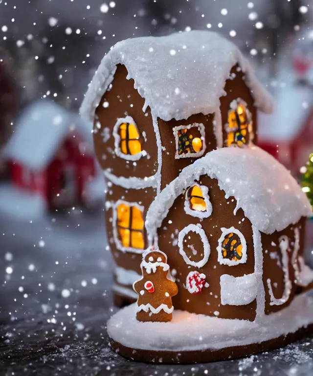 Image similar to high quality presentation photo of a gingerbread snow cottage, photography 4k f1.8 anamorphic bokeh 4k Canon Nikon