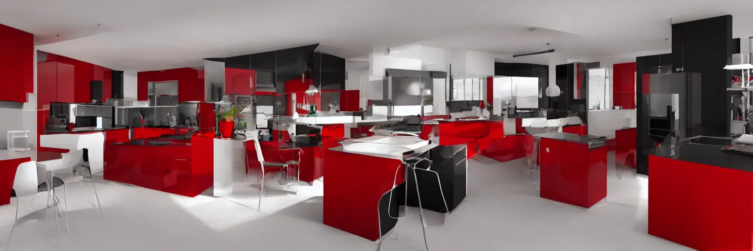 Image similar to photo of a black kitchen, red walls, white floortiles, architecture, concept art