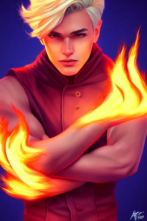 Image similar to character art by artgerm, young man, blonde hair, on fire, fire powers