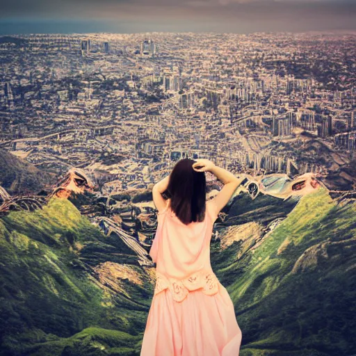 Image similar to dressed beautiful girl looking from the edge of the mountain on the giant city of cats below, highly detailed photo portrait, nostalgic, polaroid, calm