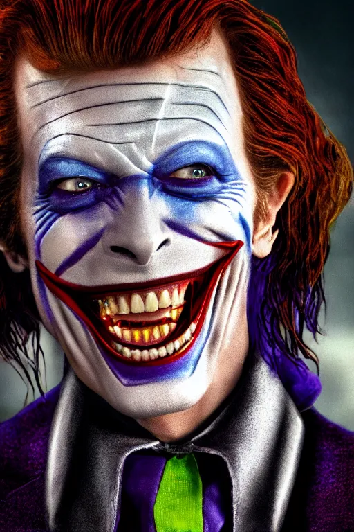 Image similar to A smiling David Bowie as the Joker in Batman, 4k