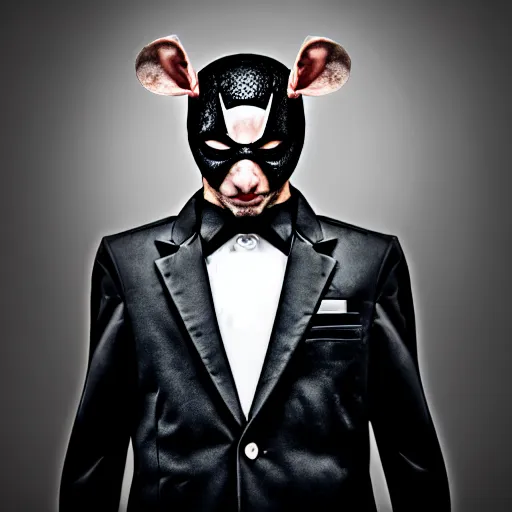 Prompt: photography of ratman, a superhero with the powers of a rat in a black suit