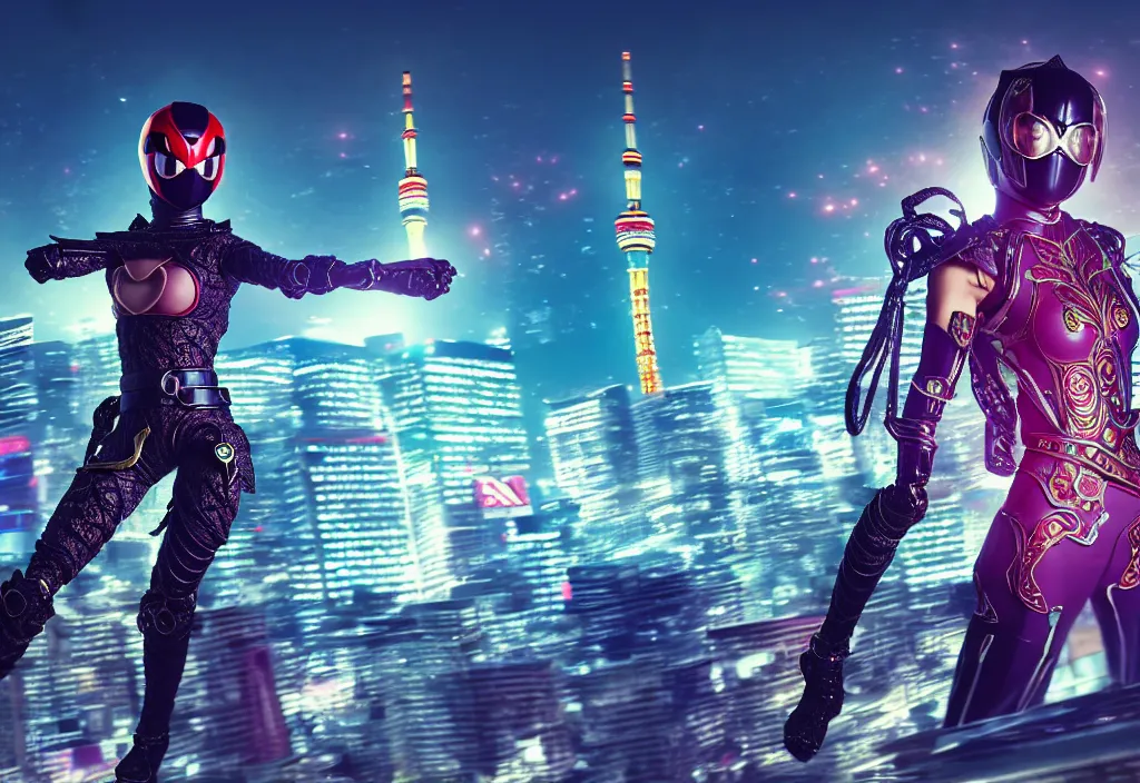 Image similar to huge belt, female kamen rider, hero action pose, human structure, full body hero, intricate detail, hyperrealistic art and illustration by a. k. a limha lekan a. k. a maxx soul and alexandre ferra, global illumination, blurry and sharp focus, on future tokyo night rooftop, frostbite engine