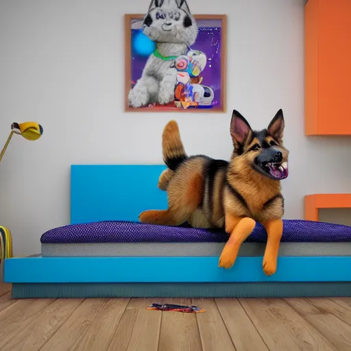 Prompt: eye - level view, in a child's bedroom filled with toys, a super cute gsd runs around in circles on an unmade bed. a colorful comforter is on the bed. hilarious, funny, back to school comedy, cg animation, 3 d octane render, imax 7 0 mm,