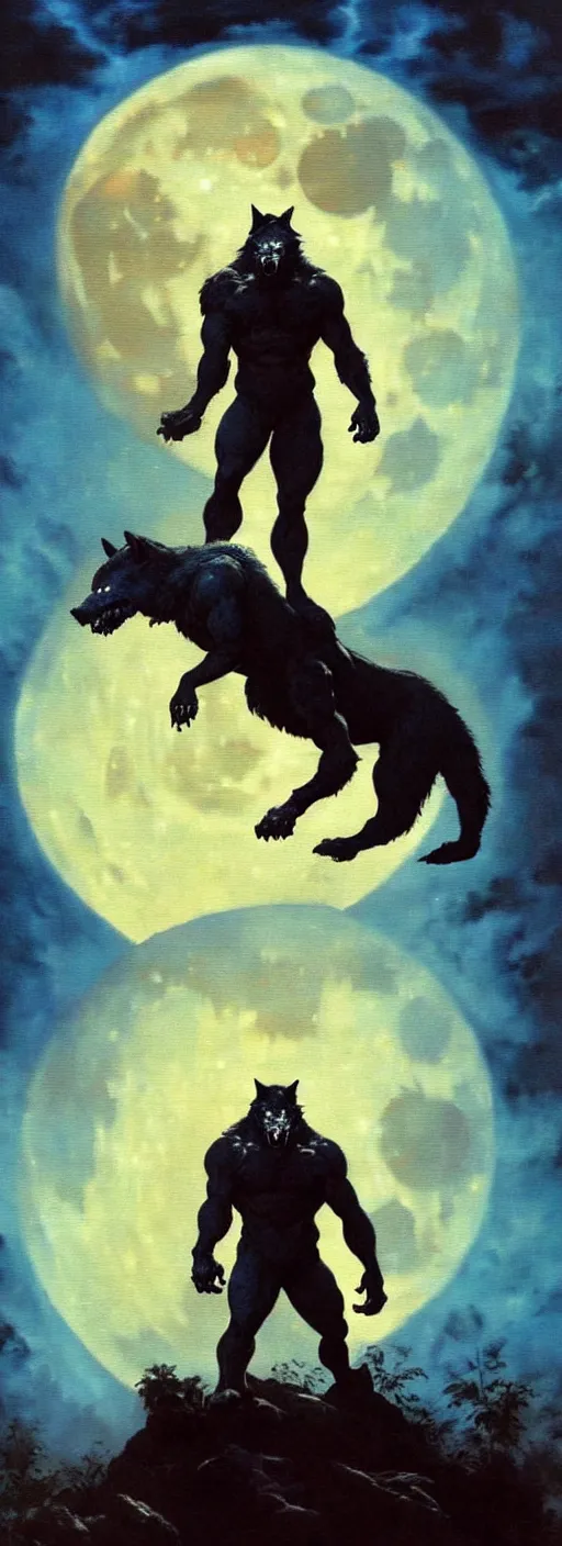 Image similar to by frazetta ,close up of very detailed realistic oversized werewolf , in front of the moon , full body backlight ,top light ,full body portrait ,highly textured oil painting ,jungle ,cyan graveyard with backlight from the moon ,foggy background ,with dramatic sky ,clouds and giant oversized moon and storm