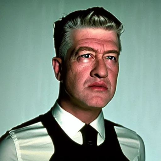 Prompt: the man with the robot head, movie by david lynch,