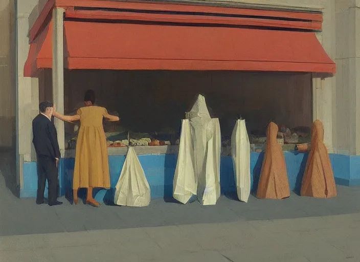 Image similar to man in a translucent dress made from plastic bag with paper bags for clothes standing inside paper bags with paper bag over the head at store in line for an ice cream cart display Edward Hopper and James Gilleard, Zdzislaw Beksinski, highly detailed