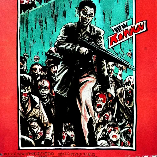 Prompt: glossy old advertising poster, the walking dead, man walking through crowded hong kong street, zombies, horror, drawn comic by junji ito, pastels, gradient